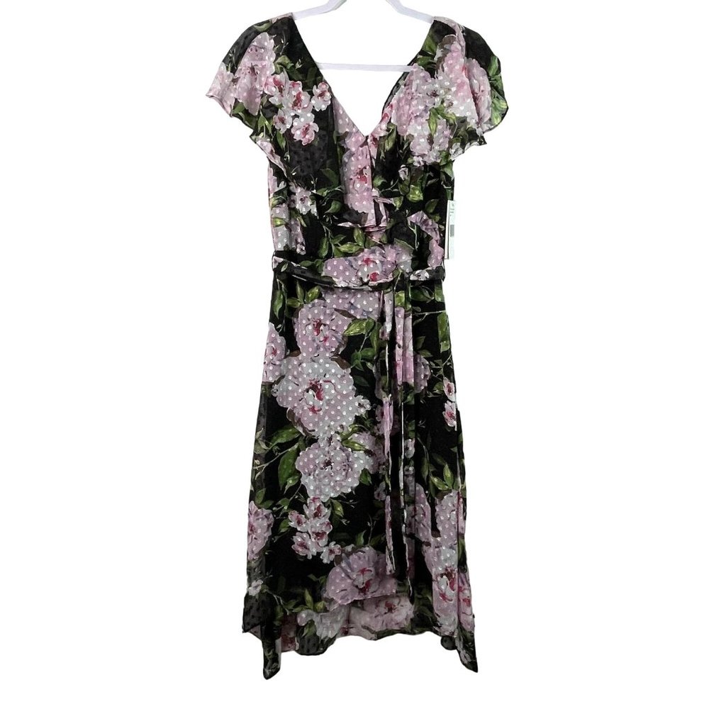 Julia Jordan Floral Dot Dress Tie Waist Ruffle Midi Romantic Size 4‎ New